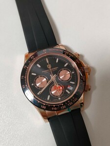 パガーニデザイン クロノグラフ 腕時計 クォーツ 稼働品 デイトナ風 セラミックベゼル ラバーベルト 美品 未使用
