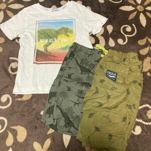 美品。H＆M ピクニック キッズ 男の子 半袖 Tシャツ ハーフパンツ 恐竜 100 