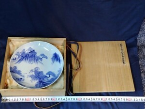 藍九谷皿　山水図　時代物　箱付き　ヒビ、欠けありません　旧家所蔵　委託品　売り切り　69