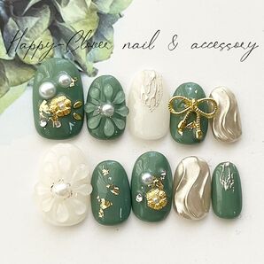 《オーダー》ネイルチップ 緑の和柄ネイル お着物ネイル 結婚式ネイル 成人式ネイル 卒業式 前撮り 振袖ネイル