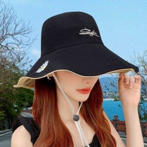 ワイヤー入　hat-l01-c02　レディース UVカット リバーシブル　帽子 日よけ つば広 あご紐付 紫外線対策 紫外線カット 効果 小顔　黒
