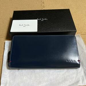 未使用/Paul smith/ブライドルレザー/ラウンドジップ/ポールスミス /長財布/レザー/牛革/ストライプポイント/ネイビー/紺/箱付き/PSU878