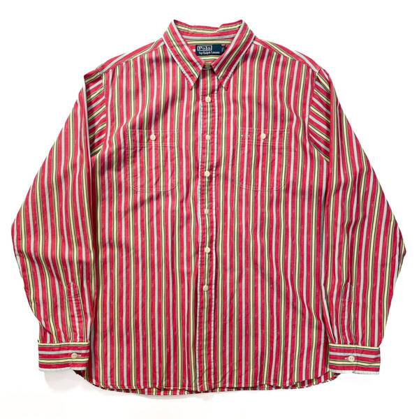 90s Polo Ralph Lauen ポロラルフローレン マルチストライプ チンスト マチ付き ワーク シャツ コットン ビンテージ usa old XL アメリカ製