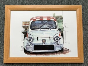 ■BOW。池田和弘『Abarth 1000 TCR』B5サイズ 額入り 貴重イラスト 印刷物 ポスター風デザイン 額装品 アートフレーム 旧車