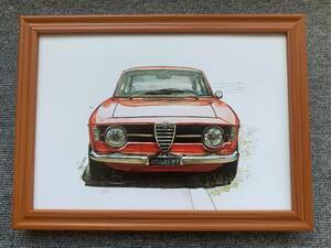 ■BOW。池田和弘『Alfa Romeo1300 junior』B5サイズ 額入り 貴重イラスト 印刷物 ポスター風デザイン 額装品 アートフレーム 旧車