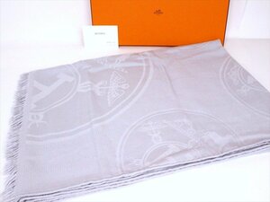 美品☆HERMES【エルメス】ニューリブリス ストール グリ☆カシシル☆ホース柄☆水色☆ショール☆ジャカード織☆レディース☆結婚式☆ドレス