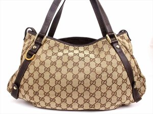 美品☆GUCCI【グッチ】GGキャンバス×レザーハンドバッグ☆ベージュ×ゴールド金具☆ロゴ☆レディース☆