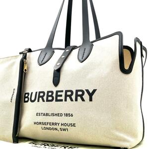 { прекрасный товар }BURBERRY Burberry soft ремень большая сумка medium сумка есть A4 кожа парусина Logo плечо .. слоновая кость 