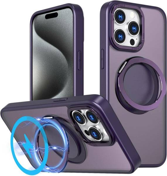 MagSafe対応・スタンド付きMcoifull iphone 15 pro用のケース、マグネット搭載、ワイヤレス充電対応、耐衝撃、マット感、半透明、