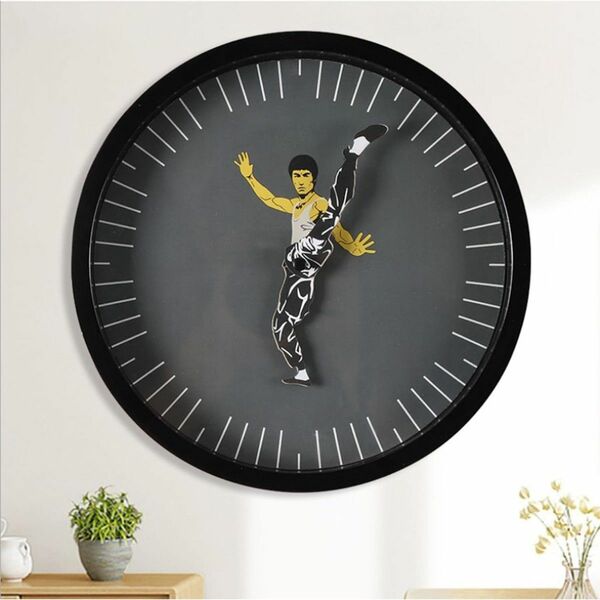 壁掛け時計 電池式 中国カンフー時計 ブルース・リー時計 静音 丸い時計 レトロ ブルース リー カンフー