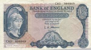 イギリス　Bank of England　紙幣　5ポンド　1957年　P371