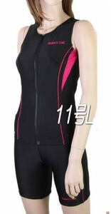 ◆袖なしラン型・胸ボタン付フィットネス水着・11号L・切替黒×ピンク
