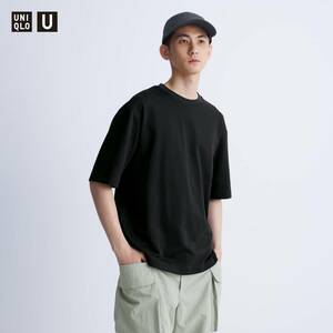 [L] UNIQLO U エアリズム コットン オーバーサイズ Tシャツ (5分袖) ブラック ユニクロ AIRism