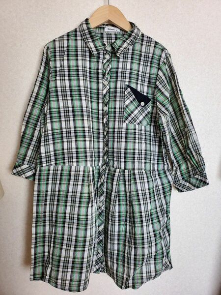 黒×白×緑 チェック柄 七分袖 シャツ ブラウス レディース Lサイズ