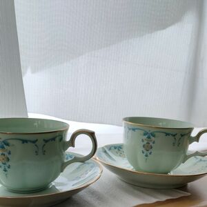 Noritake　ノリタケ　セラドン　カップ&ソーサー　花柄 コーヒーカップ　２客セット　希少