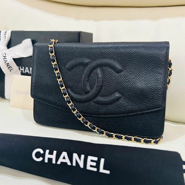 CHANEL 美品　チェーンウォレット ブラック キャビアスキン　ショルダーバッグ　黒