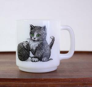 【定形外 送料無料】* グラスベイク キャット 猫 マグ CAT 毛糸 マグカップ ヴィンテージ アメリカ製 USA ミルクガラス