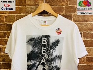 ★表記L/新品！U.S.Cotton使用.フルーツオブザルーム.BEACH.サーフプリントTシャツ.白.サーファー.西海岸カリフォルニアビンテージスタイル