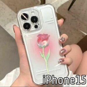 iPhone15 ケース クリア かわいい ローズ 花柄 赤 韓国