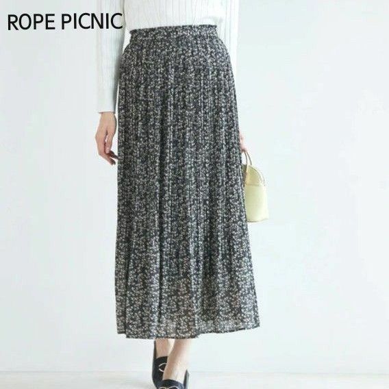 ROPE PICNIC ロペピクニック　シアーナチュラル楊柳プリーツスカート　38 ブラック　花柄　ロングスカート