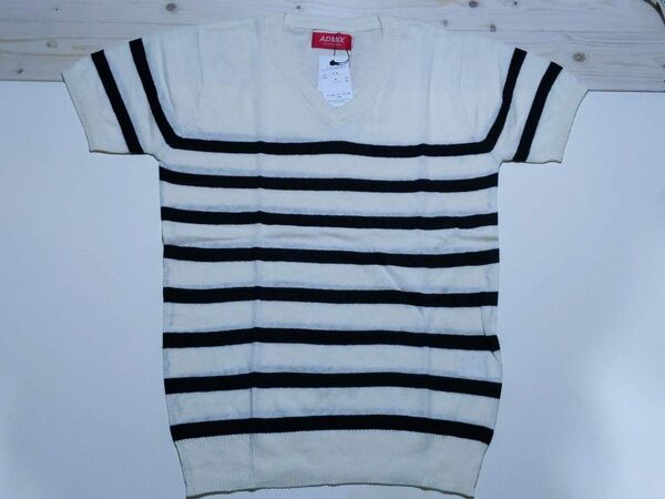新品 ADMIX 半袖 ボーダー ニット カットソー 白×黒 48(M) 細身 半袖 I-45