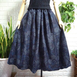 131[ Yuuki pongee ] tuck rubber gathered skirt * height 80cm easy size * kimono remake handmade hand made *