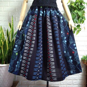 133[ cotton Indigo dyeing .2 pattern ] tuck gathered skirt * height 80cm easy size * kimono remake handmade hand made *