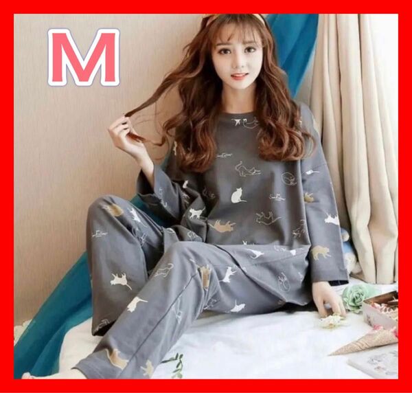 Mルームウェア パジャマ 猫 上下セット グレー 韓国 かわいい　Mサイズ パジャマ ルームウェア 韓国 猫柄