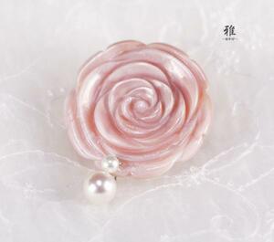 【 雅 】 三分紐専用♪綺麗な薔薇(天然pinkシェル） あこや本真珠 帯留め