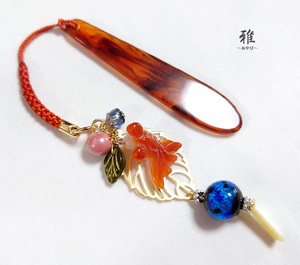 【 雅 】 天然石赤瑪瑙金魚*青蛍石*風鈴 帯飾り
