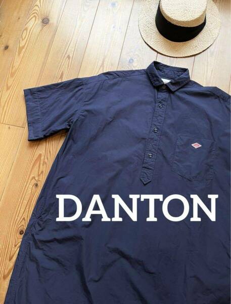 DANTON ダントン コットンポプリン 半袖シャツワンピース 36 ネイビー ワイドシルエット ビッグシルエット