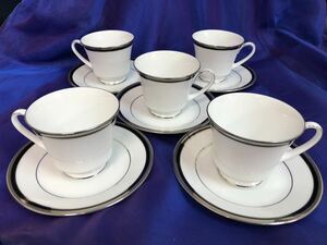 カップ&ソーサー Noritake ノリタケ 5セット シルバーブラック fine porcelain M-218 TOORAK NOIR made in SriLanka 中古 現状品 未使用