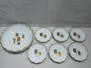 大倉陶園　変形大皿2６ｃｍ、小皿１５ｃｍｘ６（1枚欠け在り）セット　和モダン柄金銀彩