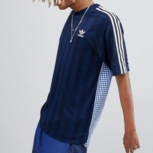 ■美品 adidas originals サッカーシャツ 紺L Tシャツ ギンガムチェック切替 トレフォイル■