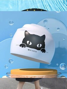 【プールに映える！】スイムキャップ花柄《黒猫》swimming cap　柔らかシリコン素材　白