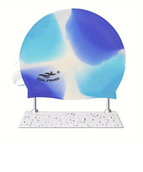 【プールに映える！】スイムキャップ花柄《スクエアグラデーション》swimming cap　柔らかシリコン素材　ブルー 水泳帽