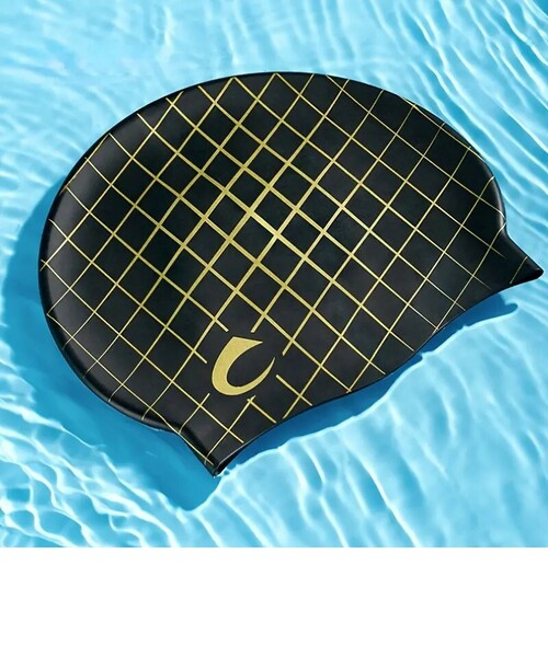 【プールに映える！】スイムキャップ花柄《チェック》swimming cap　柔らかシリコン素材　黒×ゴールド 水泳帽