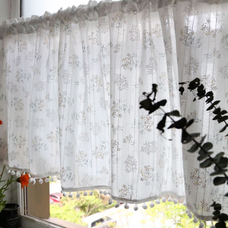 咖啡厅窗帘 植物 柔软棉质 带绒球 可爱 宽 140 厘米 x 长 40 厘米 装饰花卉图案 室内装饰 日式 1 件, 手工制品, 窗帘, 织物, 窗帘, 咖啡厅窗帘