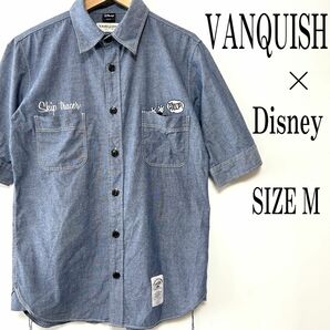 VANQUISH ヴァンキッシュ× Disney ディズニー コラボ ミッキーマウス刺繍 五分袖 シャンブレーシャツ M