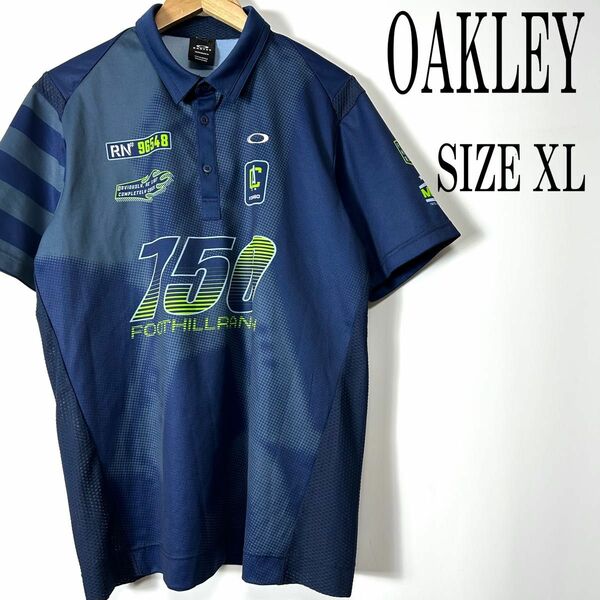 【美品】OAKLEY オークリー 半袖 ロゴ刺繍 プリント ポロシャツ ゴルフウェア ネイビー XL
