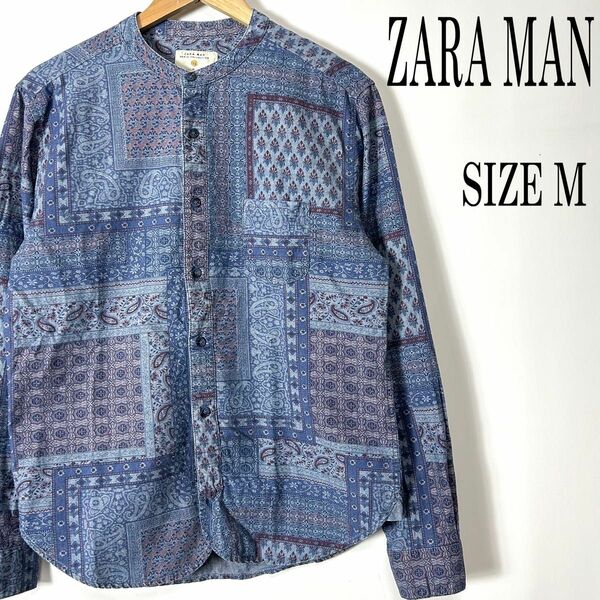 ZARA MAN ザラ 長袖 オリエンタル柄 総柄 バンドカラーシャツ ネイビー M