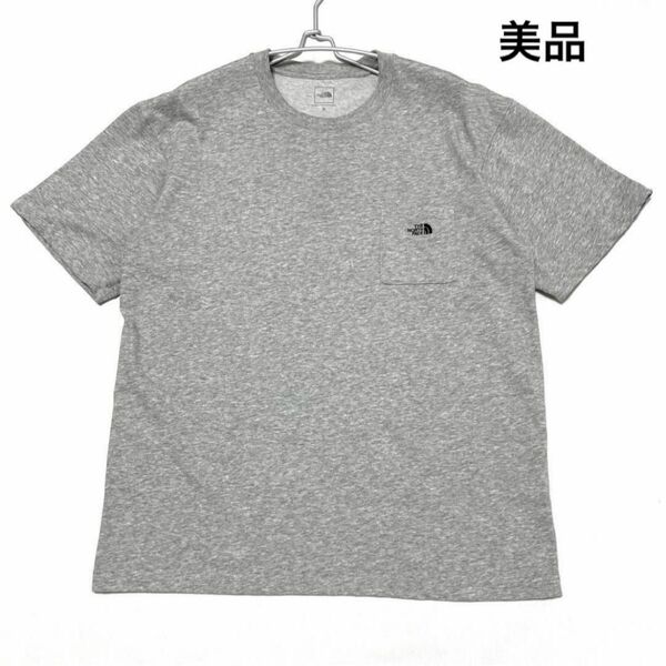 ノースフェイスtシャツ 美品 スモールロゴ ポケットティー 刺繍ロゴ グレー M ポケットTシャツ 半袖Tシャツ