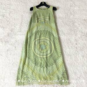 MAXMARA Max Mara шелк . общий рисунок длинный One-piece платье flair A линия безрукавка зеленый зеленый USA8 L соответствует 