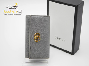 再鑑定済　グッチGUCCI　GG　プチマーモント　キーケース　6連　レザー×金属素材　グレー×ゴールド　直営店ショップカード