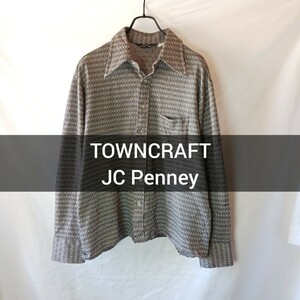 70s TOWNCRAFT JC Penney 17 XL 開襟シャツ オープンカラーシャツ タウンクラフト ジェーシーペニー 総柄 ポリシャツ ヴィンテージ 古着