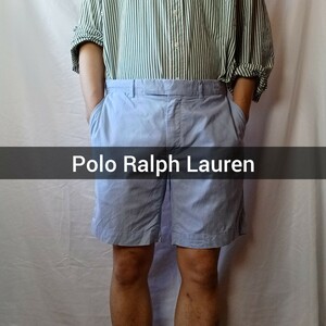 Polo Ralph Lauren ショートパンツ 33 チノパン 水色 ストライプ ラルフローレン ショーツ ポロチノ ノータック アメカジ 古着 3