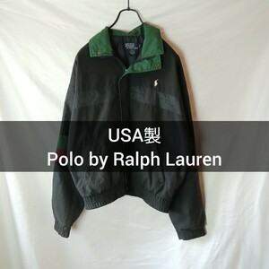 USA製 Polo by Ralph Lauren ナイロンジャケット Lサイズ コットン ブラック グリーン レッド ラルフローレン アメリカ製 古着 アメカジ