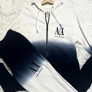 極美品/XL相当●アルマーニ エクスチェンジ セットアップ ジャージ パーカー グラデーション加工 ARMANI EXCHANGE AXロゴ刺繍 黒 白 春夏◎