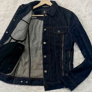 美品●ARMANI EXCHANGE アルマーニエクスチェンジ デニムジャケット Gジャン 最高級黒タグ ジップ 刻印ボタン 濃紺 メンズ 春スプリング