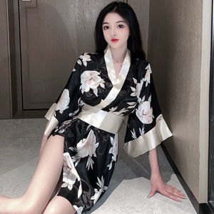 ML255 kimono manner floral print sexy lady's baby doll [ Japanese clothes * T-back * obi 3 point set ] sexy Ran Jerry costume play clothes black 